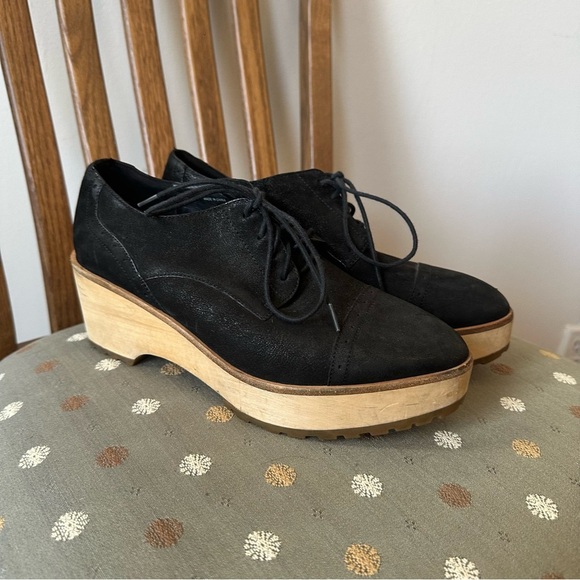 Eileen Fisher | Black Leather Wood Sole Platform Oxfords Size 8 - Picture 1 of 9